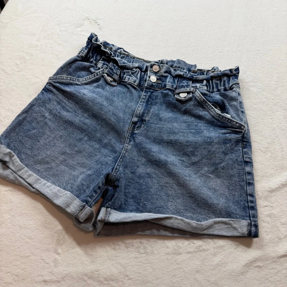 ONE5ONE Paperbag Waist Denim Shorts Womens Large Blue Good High Rise Cuffed